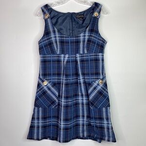 Vintage K Petite Collection Blue Plaid Jumper Dress Size 12P Linen Blend
